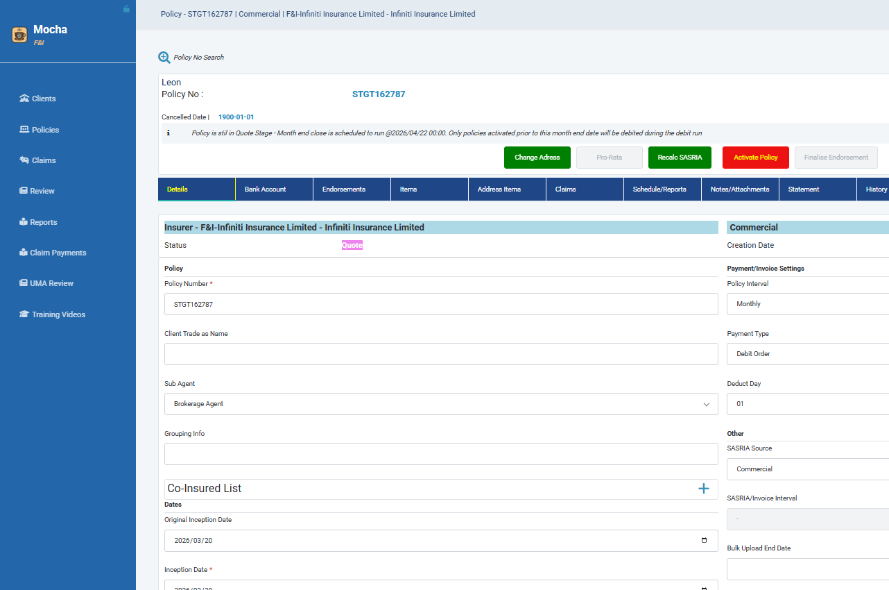 Mocha Platform dashboard showing policy administration, claims processing, and insurance management